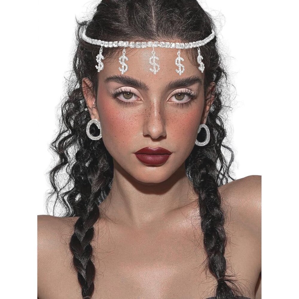Silver Rhinestone Headpiece Dollar Sign Hair Chain Party Prom Jewelry